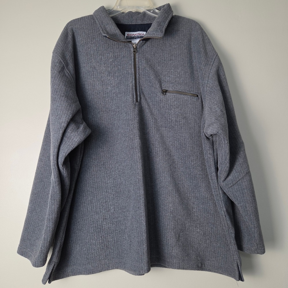 Sonoma Sport Mens XL Gray Ribbed Fleece 1/4 Zip Pullover Jacket Chest Pocket